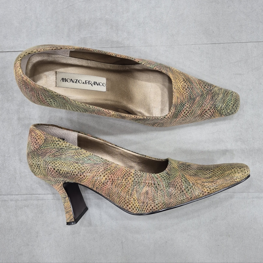 Monzo & Franco April heels women's 10 pink green peacock pattern leather